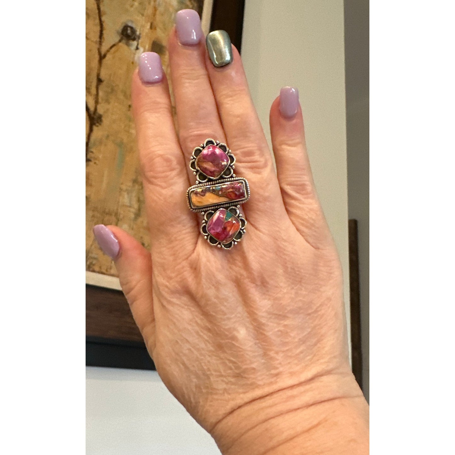 STUNNING!!! Pink Spiny oyster Three Stone Ring Adjustable 6-10
