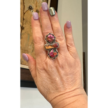 STUNNING!!! Pink Spiny oyster Three Stone Ring Adjustable 6-10