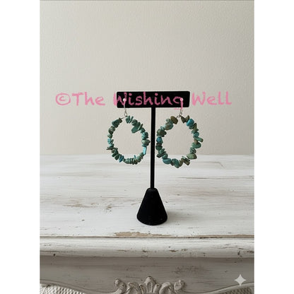 Genuine Turquoise Chip Hoop Dangle 925 Silver Earrings 2”