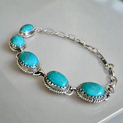 Turquoise Five Stone Sawtooth Sterling Silver Bracelet Adjustable 7”