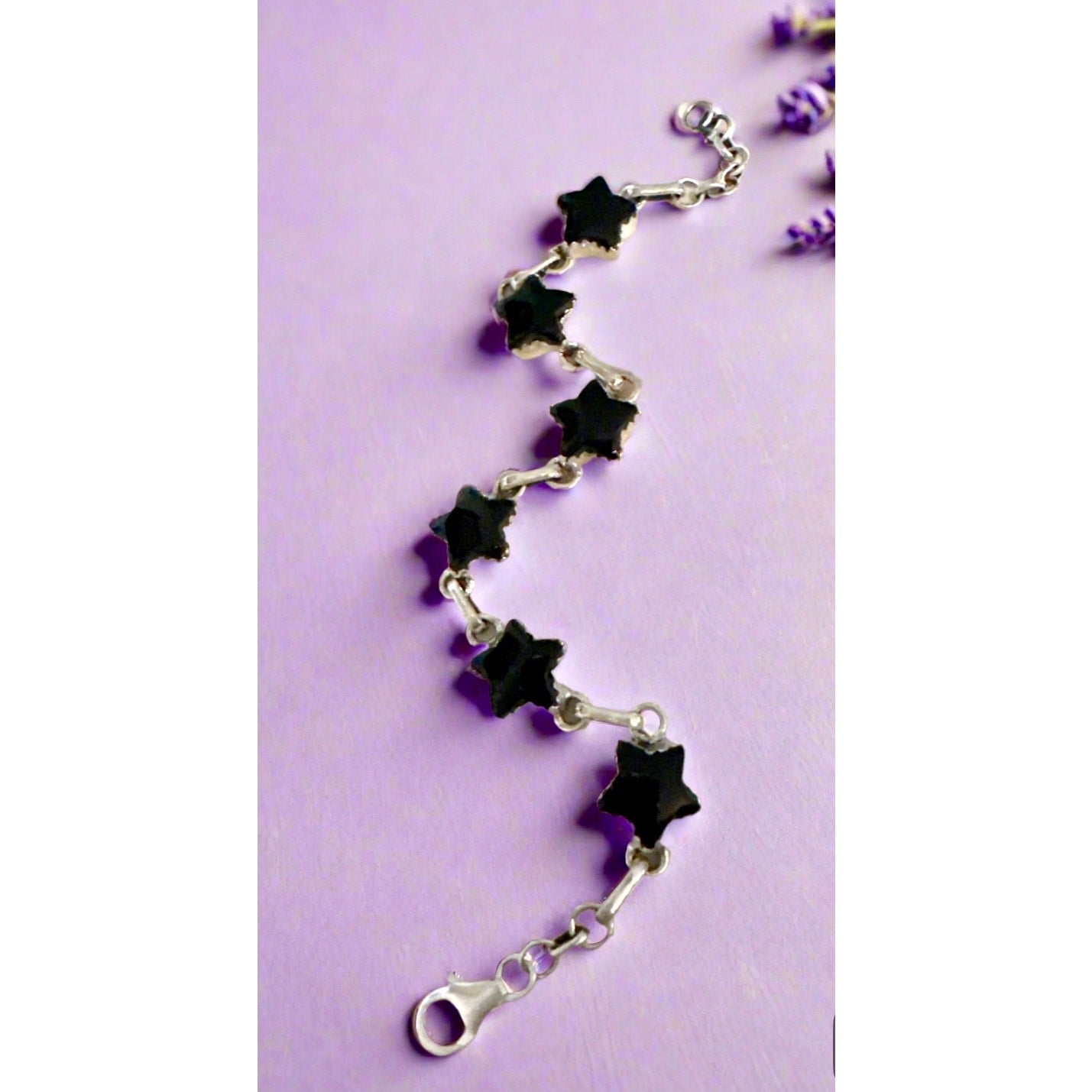 Celestial Stars Onyx Sterling Silver Bracelet 7” Adjustable.
