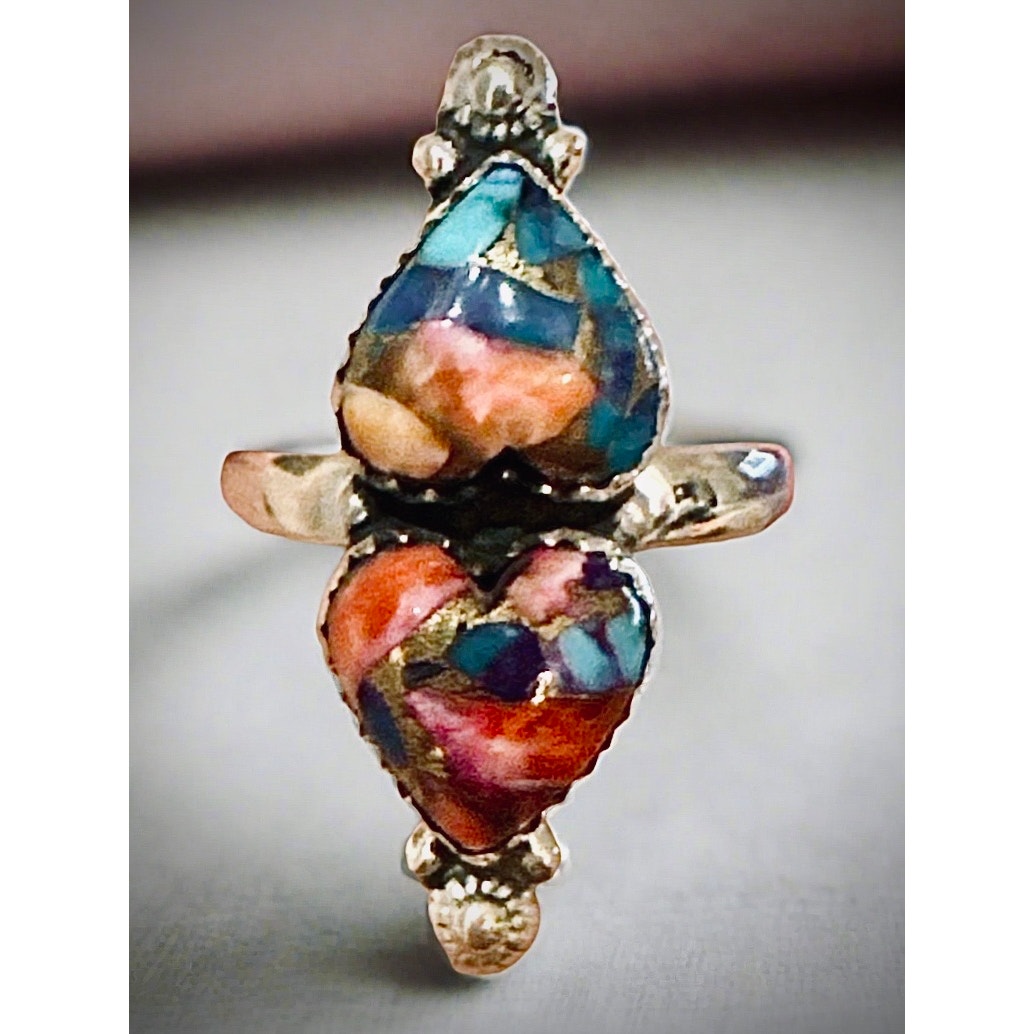 Spiny Oyster Two Stone 3D Heart Sterling Silver Ring Size 5-10