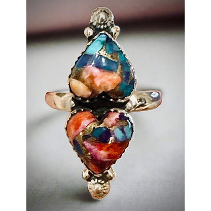 Spiny Oyster Two Stone 3D Heart Sterling Silver Ring Size 5-10