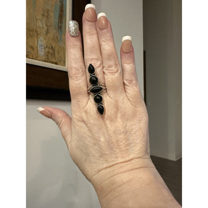 Five Stone Onyx Long Sterling Silver Ring Size 9
