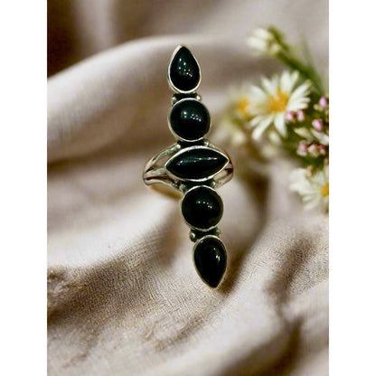 Five Stone Onyx Long Sterling Silver Ring Size 9