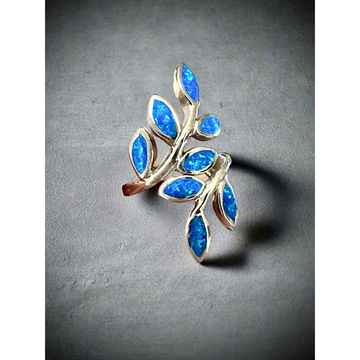 Balloon Blue Opal Leaf Climber Sterling Silver Ring Size 7