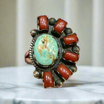 Green Turquoise & Italian Red Coral .925 Sterling Silver Ring 9.5