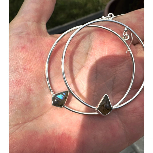 Genuine  Labradorite .925 Silver Hoops 2.5” Long!