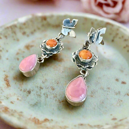 Pink Conch & Spiny Oyster Butterfly Sterling Dangle Earrings