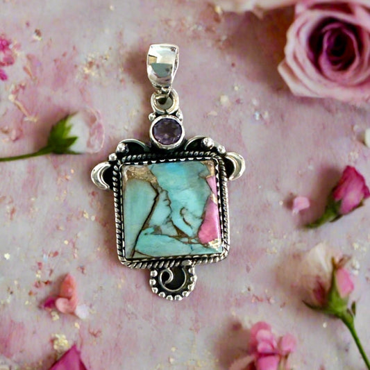 Wow!!! Stunning Cotton Candy Dahlia & Amethyst Square 925 Silver Pendant 1.5”