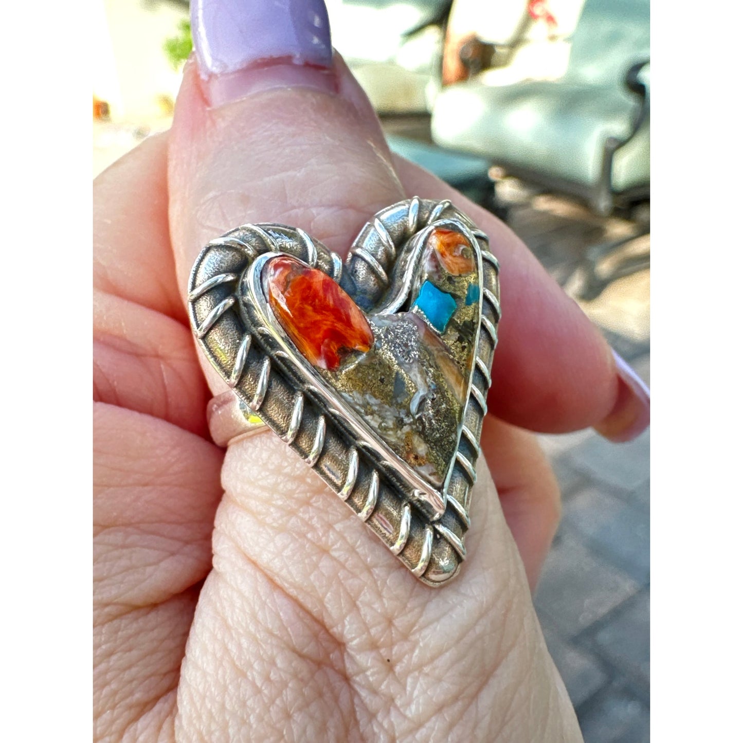 Spiny Oyster Heart Sterling Silver Ring Size 7