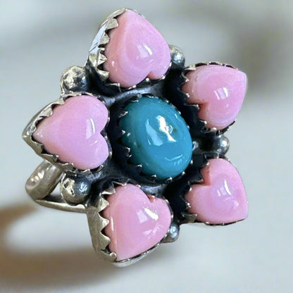 Pink Conch & Turquoise Hearts southwestern ring, size 7