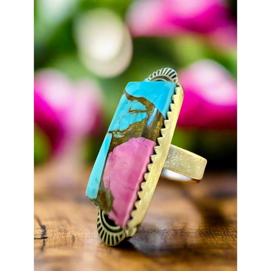 Cotton Candy Turquoise Rectangle Sterling Silver Ring 5-12