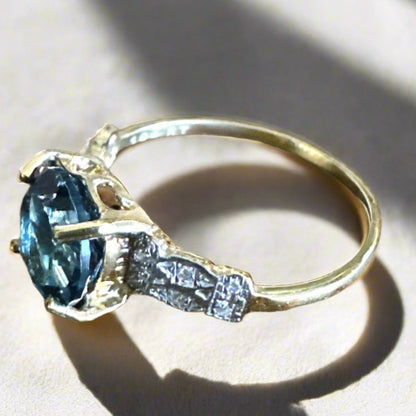 10K Solid Yellow Gold 2.36 Carat London Blue Topaz 12 Diamond Ring SZ 7.25