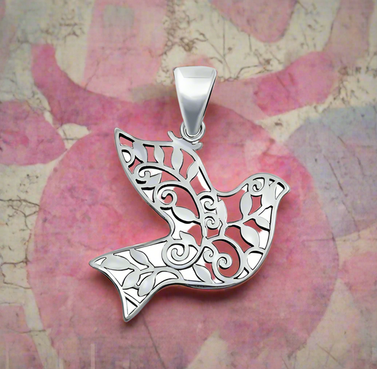 Dove Bird & Flowers Charm Pendant Flowers Solid 925 Sterling Silver
