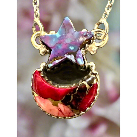 Purple Mohave Turquoise & Red Dahlia | Star & Moon | Sterling Silver Necklace | 18-20”