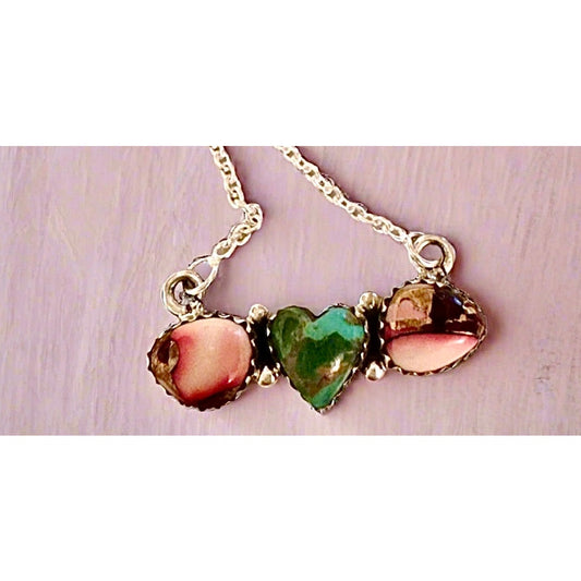 Sonoran Gold Turquoise & Rose Dahlia Heart Necklace 16-18”