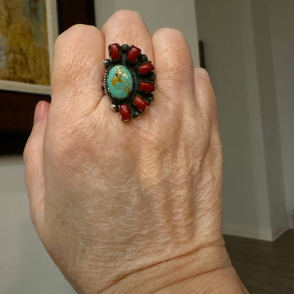 Green Turquoise & Italian Red Coral .925 Sterling Silver Ring 9.5