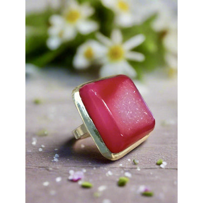 Pink Agate Druzy Square Statement Silver Ring Size 7.25