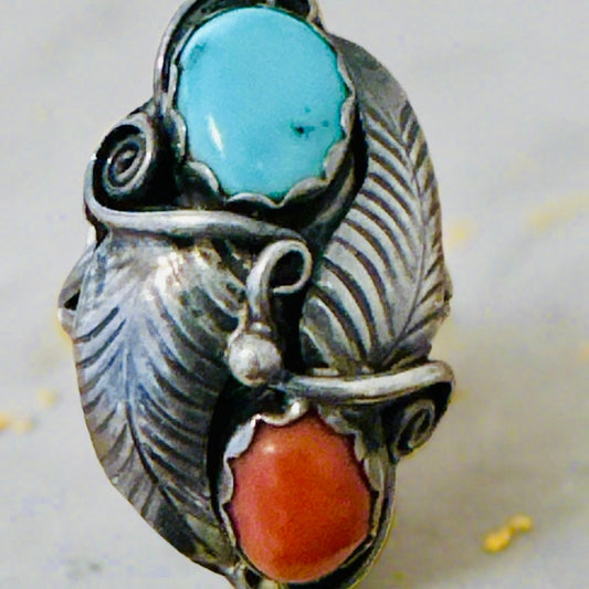 Vintage Native American Turquoise & Coral Leaf Design Ring Size 6