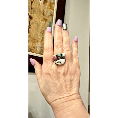 White Buffalo & Cotton Candy Cluster Sterling Ring Adjustable 5-11
