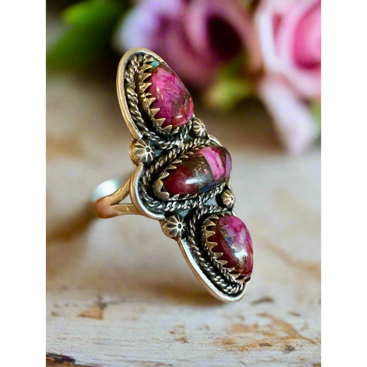 Pink Rose Dahlia Three Stone Sterling Silver .925 Ring Size 8