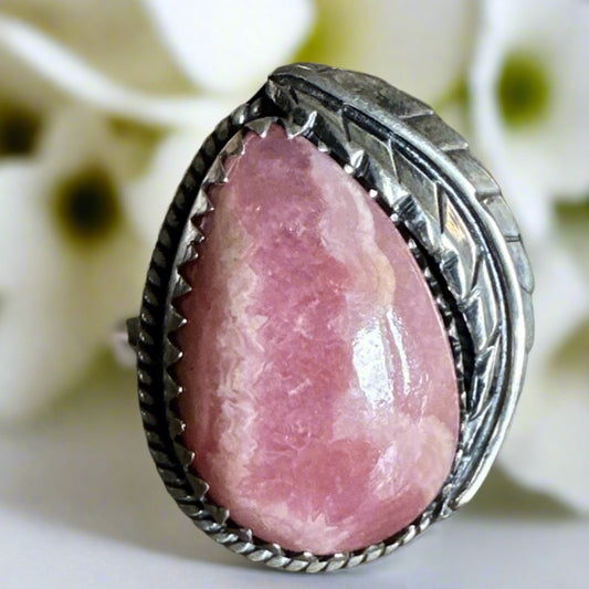 Rhodochrosite Sawtooth Leaf Design Southwestern Ring Size 8.75