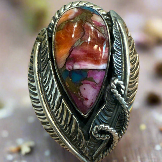 Pink Dahlia Sterling Silver Leaf Motif Teardrop Ring Size 8