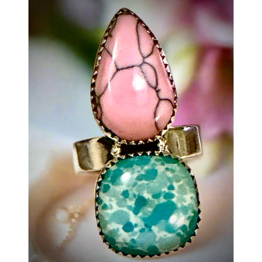 Blue & Pink Gibbsite Statement Ring | Sterling | Teardrop | Adjustable