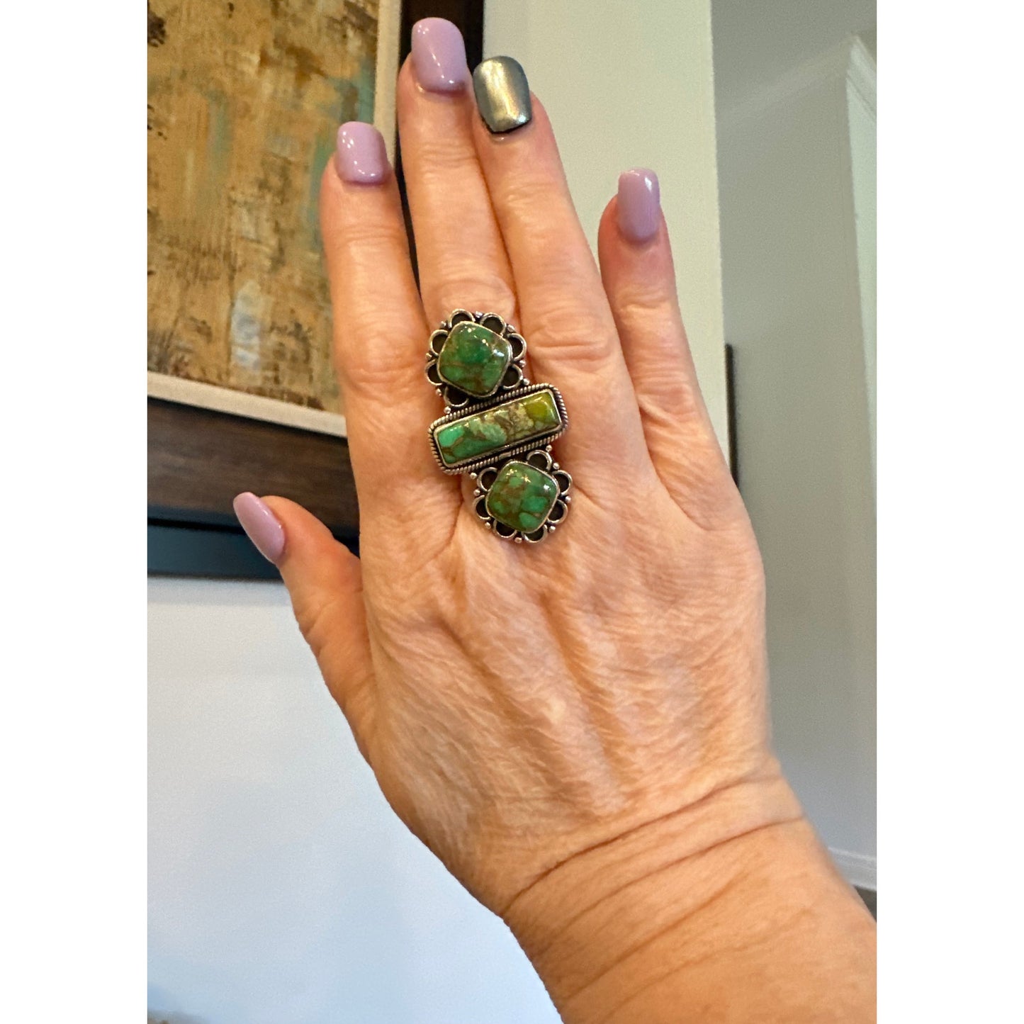 Copper Green Turquoise Three Stone Sterling Size Adjustable