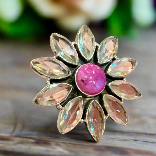 Pink Moonstone Aurora Quartz Oval Round Statement Ring Adjustable