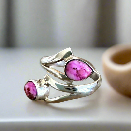 Pink Rose Dahlia Kingman Turquoise Bypass Ring Size 7