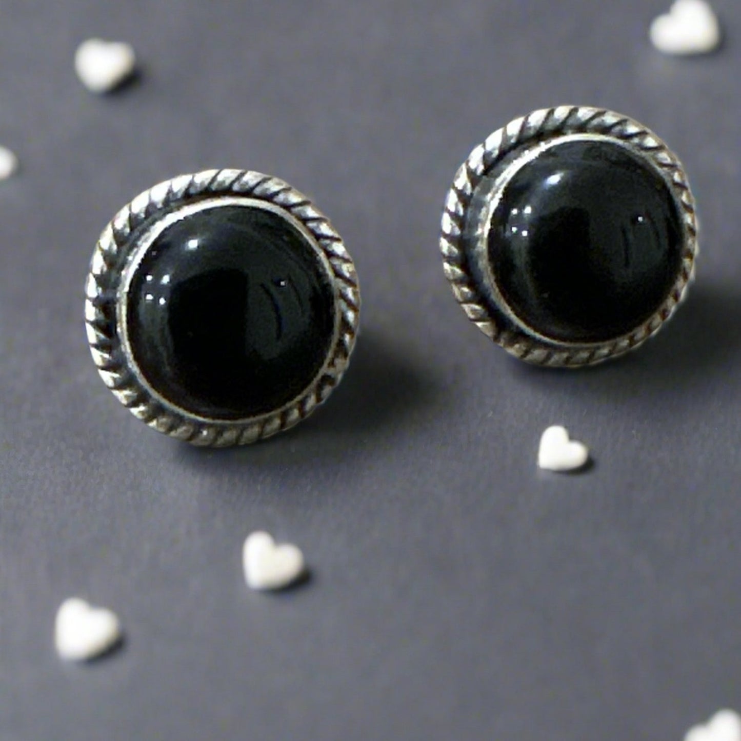 Black Onyx Round Rope Design Stud Earrings .925