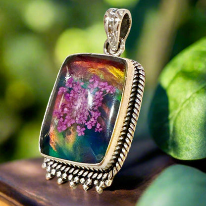 Aurora Opal & Pressed Flowers Artisan Southwestern Pendant 1.25”
