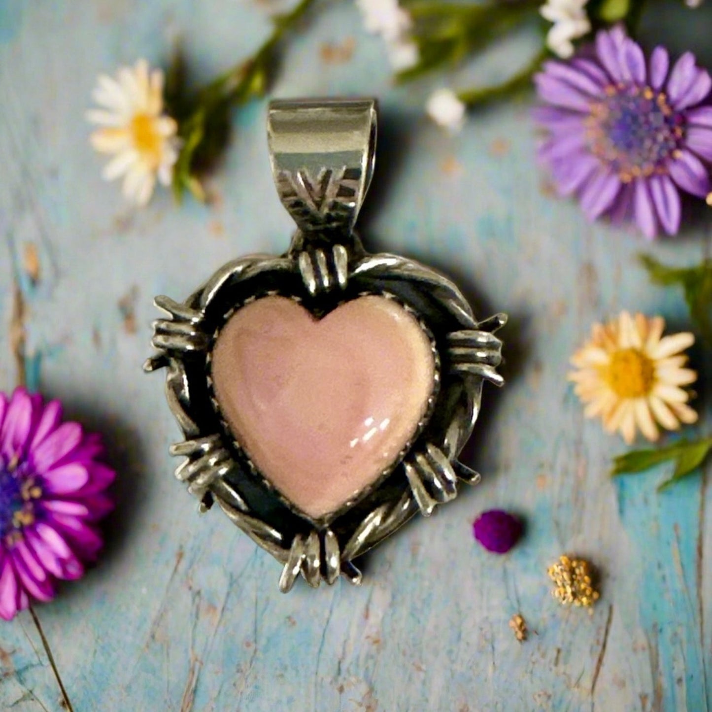 Barbed Wire Pink Conch Heart Pendant 1.25”