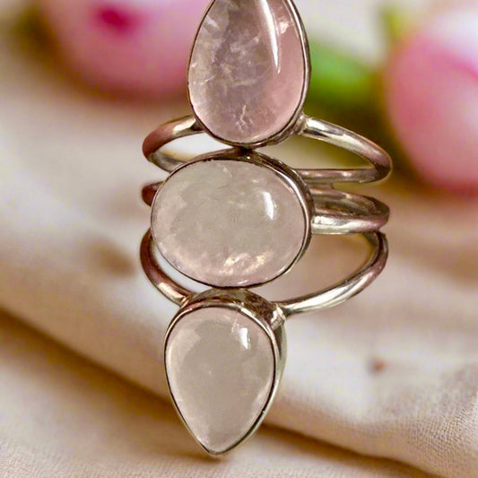 Three Stone Rose Quartz Boho Ring Size 8