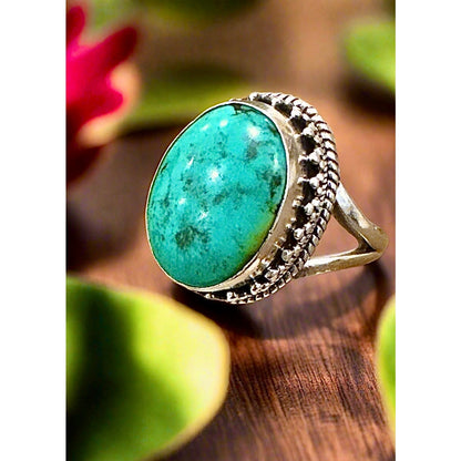 Kingman Turquoise Bali Style Oval Sterling Silver Ring Adjustable 5-11