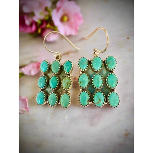 Square Cluster Snake Eye Turquoise Sterling Dangle Earrings 1.6” Long