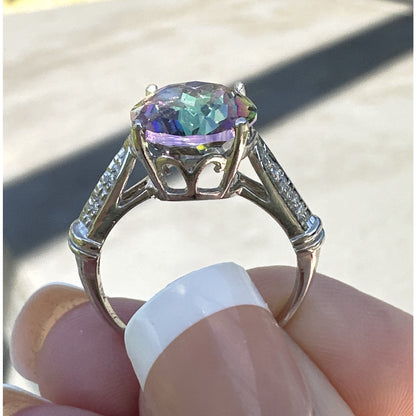 4.58 Carat Genuine 10K MYSTIC Topaz 8 Diamond White Gold Ring Size 7