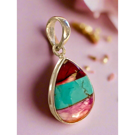 Red Rose Dahlia & Kingman Turquoise Teardrop Pear Shape Pendant 925