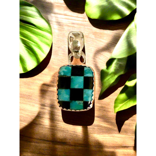 Checkered Black & Blue Square Sterling Silver Pendant .5 inch