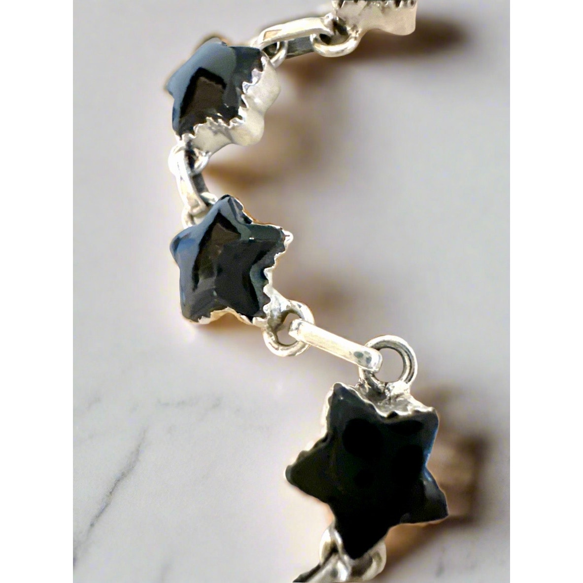 Celestial Stars Onyx Sterling Silver Bracelet 7” Adjustable.