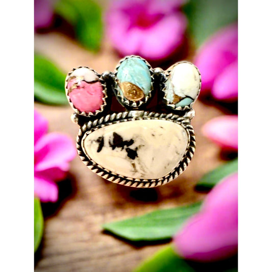 White Buffalo & Cotton Candy Cluster Sterling Ring Adjustable 5-11