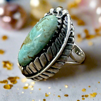 Turquoise leaf design, Native American style southwestern ring size 7