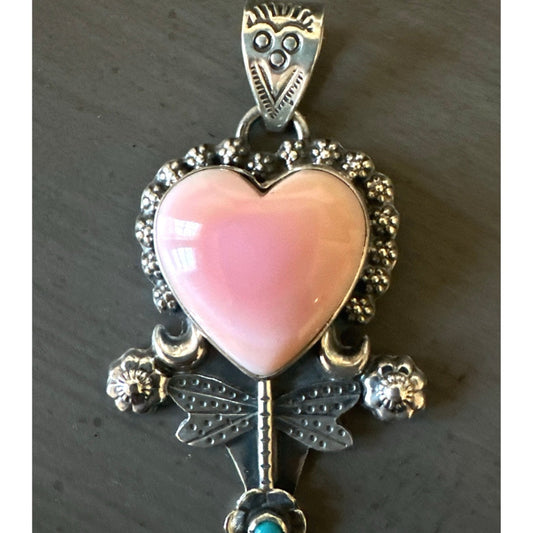 Pink Conch & Turquoise Heart & Dragonfly .925 Pendant.