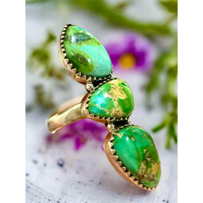Sonoran Gold Turquoise Three Stone Ring Sterling Adjustable 5-10