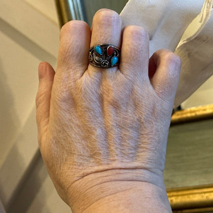 Native American Turquoise Coral Sterling Silver Hallmarked Ring SZ 8