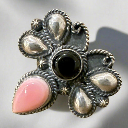 Onyx & Pink Conch Dragonfly Sterling Silver Ring Size 8.25