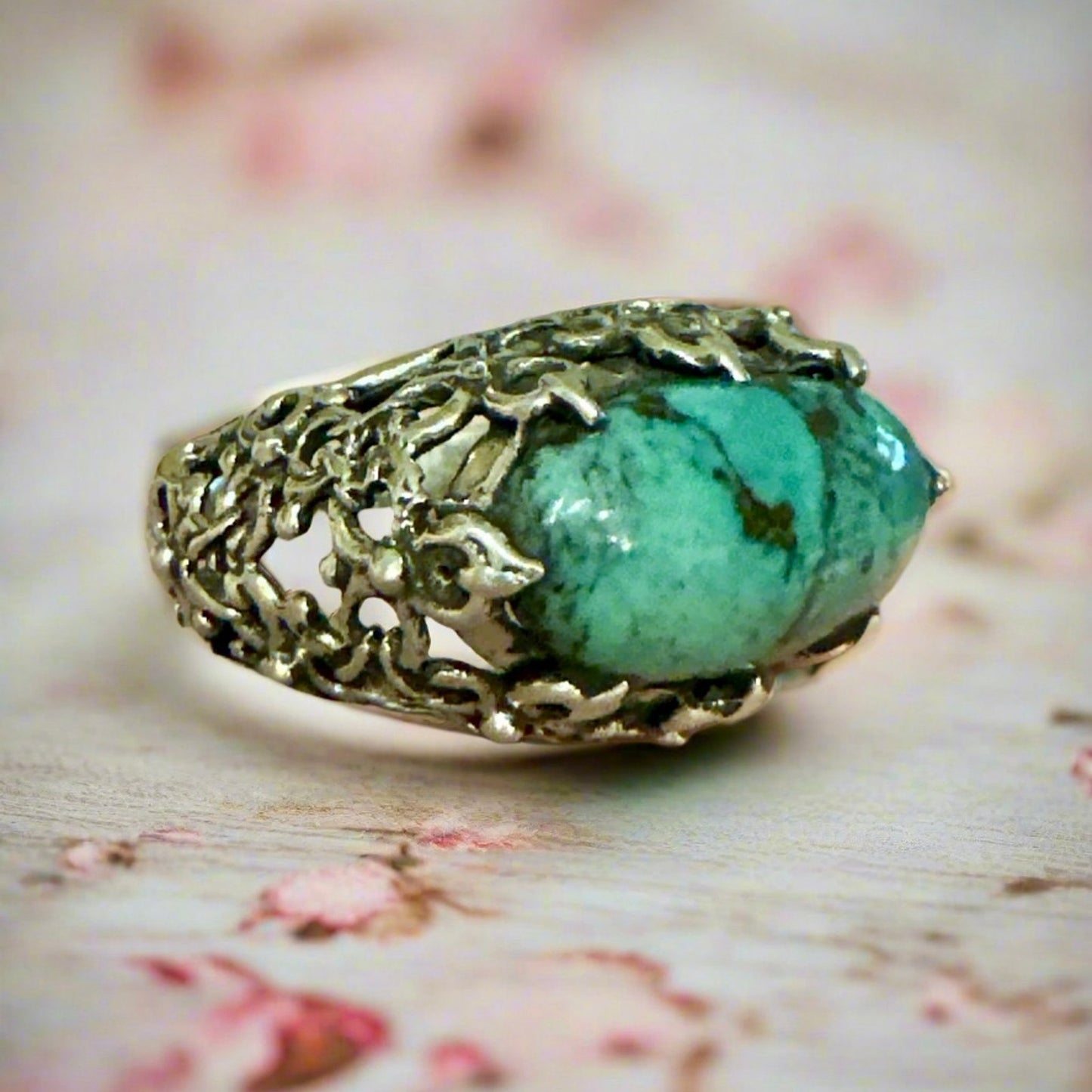 Amazing Turquoise Filigree Ring .925 Sterling Silver Ring Sz 8