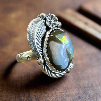 Galaxy Opal Leaf Floral Sterling Silver Ring Size 8
